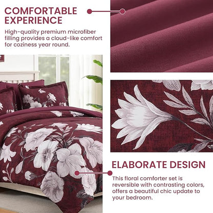 Floral King Size Comforter Set, 7 Pieces Burgundy Bed in a Bag, Elegant Floral Butterfly Comforter and Sheet Set, Soft Microfiber Bedding Sets for All Seasons(Burgundy,104"x90")