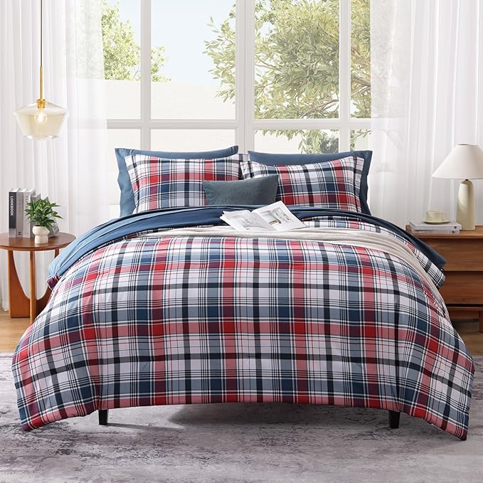 MaiRêve Twin XL Size Plaid Comforter Set Navy Red, Classic 5 Pieces Farmhouse Bedding Set, All Season Lightweight Bed in A Bag with Sheets, Pillowcase & Sham