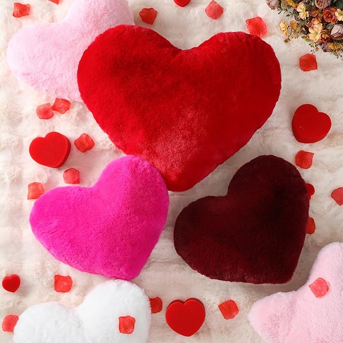 YRXRUS Valentines Heart Pillows, Love Heart Shaped Pillow, Small Cute Wine Red Heart Pillows for Gifts, Faux Rabbit Throw Pillows for Her, Kids, Girls Home Decoration, 10X11 Inch