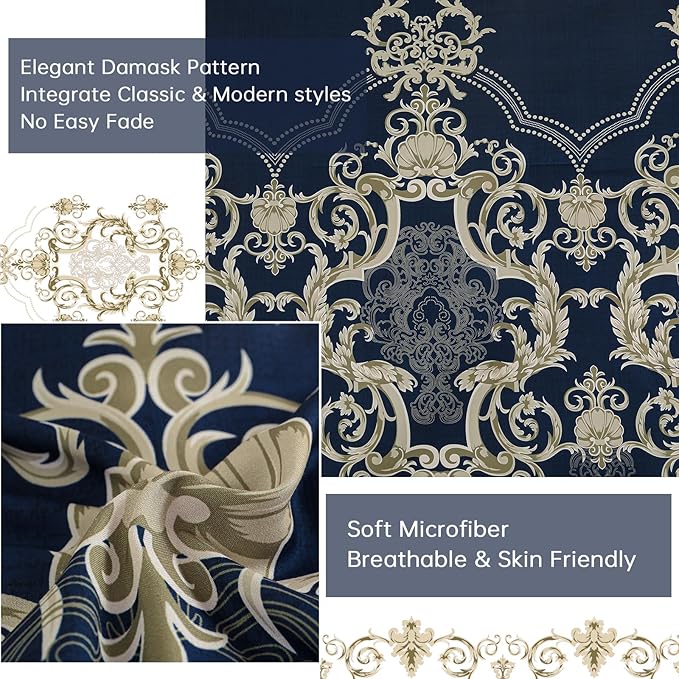 Mybedsoul Blue Gold Queen Comforter Set, 7 Pieces Boho Bed in a Bag for Queen Bed, Damask Comforter with Sheets Pillowcases, Soft Microfiber Lightweight Bedding Sets for All Season(90"x90")