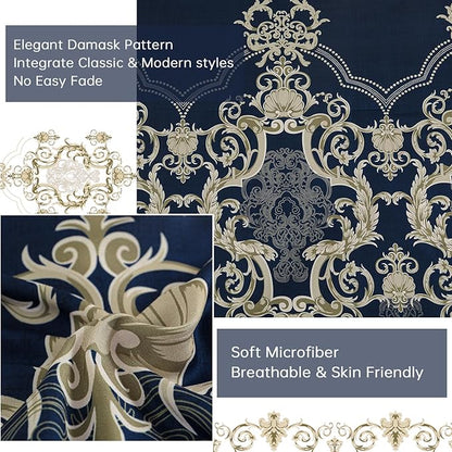 Mybedsoul Blue Gold Queen Comforter Set, 7 Pieces Boho Bed in a Bag for Queen Bed, Damask Comforter with Sheets Pillowcases, Soft Microfiber Lightweight Bedding Sets for All Season(90"x90")