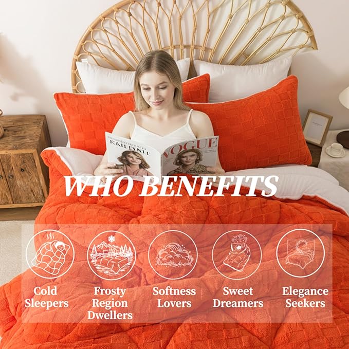 ELNIDO QUEEN® Fluffy Comforter Set King, Burnt Orange Winter Fleece Comforter Ultra Soft & Extra Pluffy Plush Comforter Set, Cozy Fuzzy Bed Comforter 3 Pieces (1Comforter, 2 Pillowcases),102x90 inch