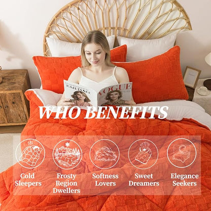 ELNIDO QUEEN® Fluffy Comforter Set King, Burnt Orange Winter Fleece Comforter Ultra Soft & Extra Pluffy Plush Comforter Set, Cozy Fuzzy Bed Comforter 3 Pieces (1Comforter, 2 Pillowcases),102x90 inch