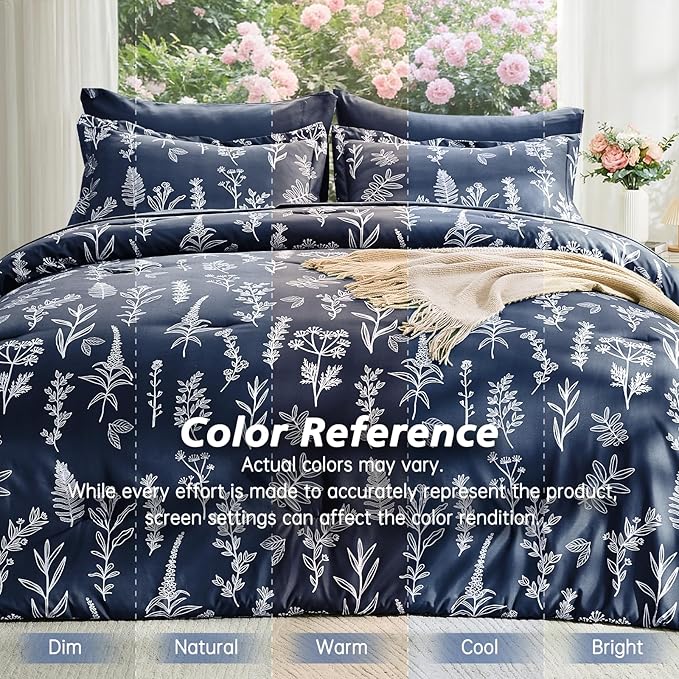 MUXHOMO Navy Blue Cal King Comforter Set, Elegant Floral Print Bed in a Bag 7 Pieces, Ultra Soft & Breathable Reversible Botanical Pattern Bedding Set with Comforter, Sheets, Pillowcases, and Shams