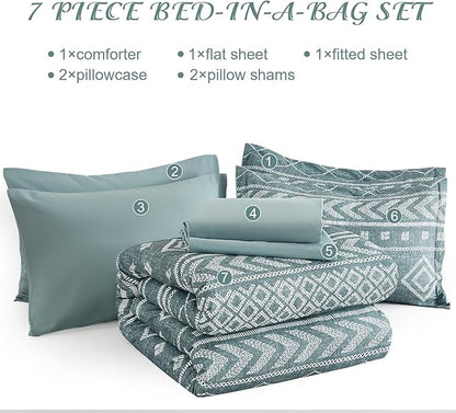 Yiran Boho Aztec Comforter Set Queen Size, Grayish Blue Comforter Bedding Set, 7 Piece Bed in a Bag, Soft Microfiber Bohemian Striped Complete Bedding Set with Sheets for All Season