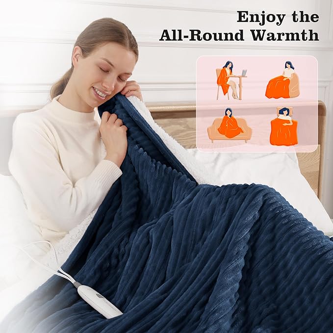 Heated Blanket Full Size Electric Blanket, 72''x84'' Washable Heated Blanket with 5 Heat Levels & 10 Hours Auto Off, Double Sided Flannel to Sherpa Heating Blanket for Grandma Gifts (Navy Blue)
