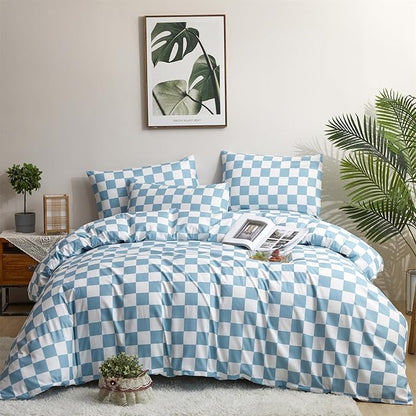 CLOTHKNOW Light Blue White Plaid Twin Comforter Set Grid Bedding Comforter Sets Blue Comforter Soft Lake Blue Comforter Sets Twin