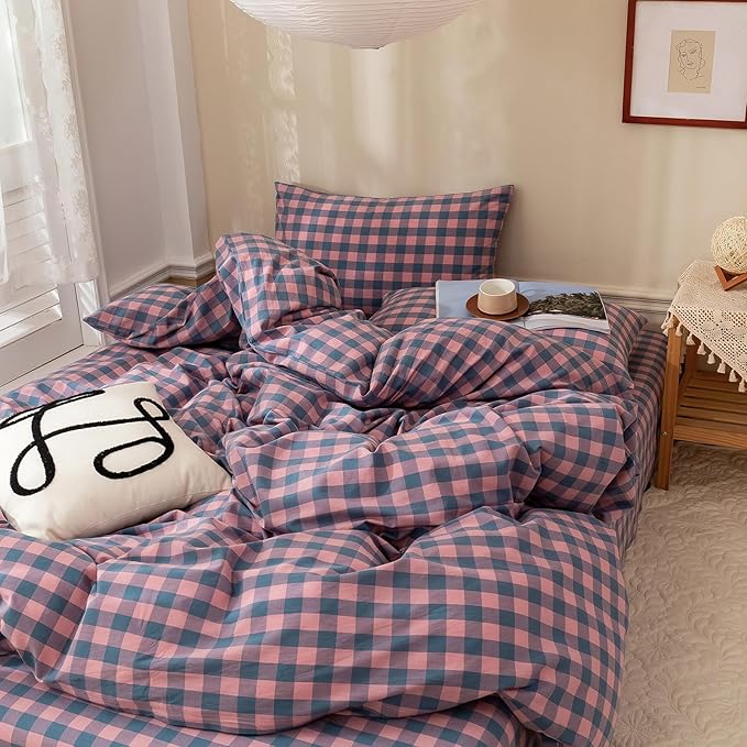 HighBuy Purple Gingham Comforter Set Twin XL,Vintage Boho Gingham Comforter with 2 Pillowcases,Farmhouse Bedding Set Fluffy Checkered 3 Pieces with Geometric Plaid Grid Pattern