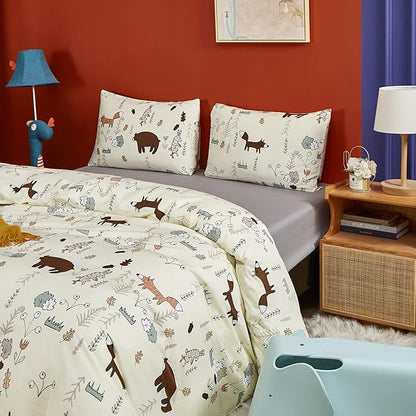 CLOTHKNOW Yellow Twin Comforter Set Kids Bedding Comforter Sets Soft Animal Cartoon Comforter Fox Rabbit Beige Bedding with 2 x Pillow Cases