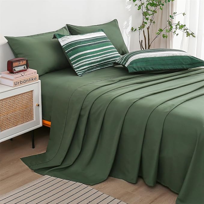KAKIJUMN 7 Piece Bed in a Bag Stripe Comforter Set Full Size, White Grey Green Patchwork Striped Comforter and Sheet Set, All Season Soft Microfiber Complete Bedding Sets(Dark Green,Full)