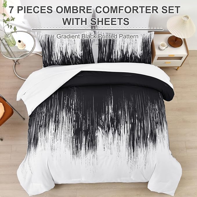 Dinjoy Ombre Black Comforter Set Queen Size Gradient Black White Boho Bedding Set for Teen Men Women 7 Pieces Bed in A Bag Bohemian Bed Set with Comforter, Sheets, Pillowcases & Shams