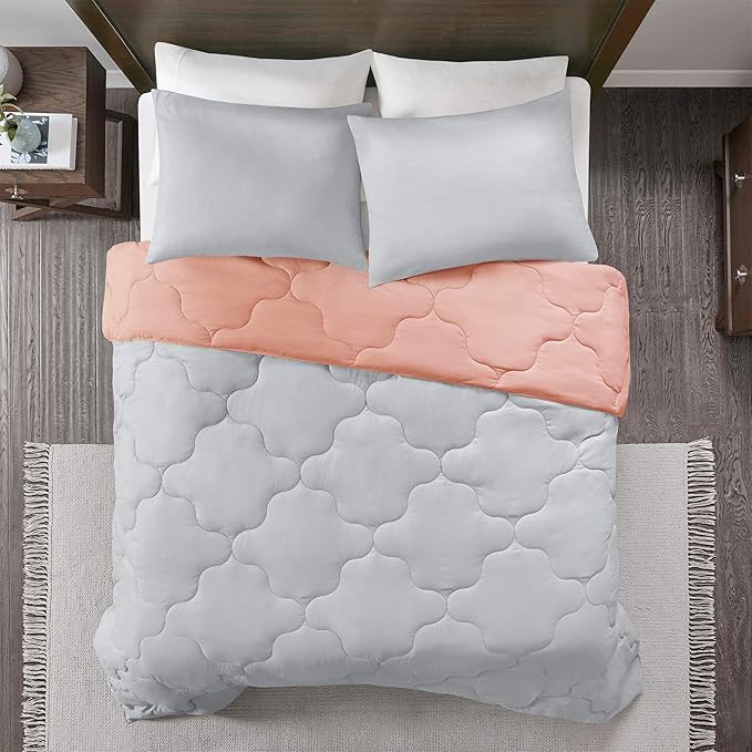 Comfort Spaces Vixie Reversible Comforter Set - Trendy Casual Geometric Quilted Cover, All Season Down Alternative Cozy Bedding, Matching Sham, Coral/Gray, Twin/Twin XL 2 piece