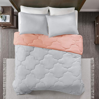 Comfort Spaces Vixie Reversible Comforter Set - Trendy Casual Geometric Quilted Cover, All Season Down Alternative Cozy Bedding, Matching Sham, Coral/Gray, Twin/Twin XL 2 piece