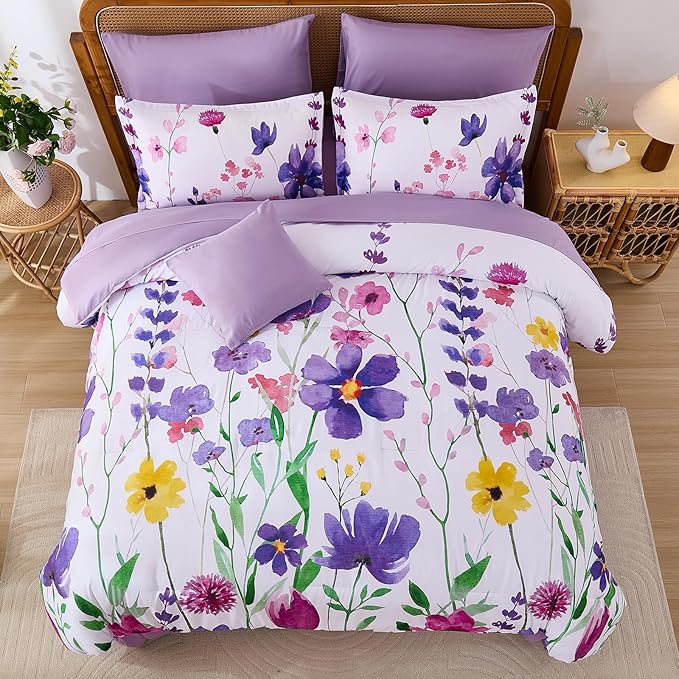 Annibedding Purple King Size Comforter Set, 8 Pieces Soft Microfiber Floral Bed in a Bag Comforter Bed Set with Pillowcase and Sheets for All Season(90"x104")