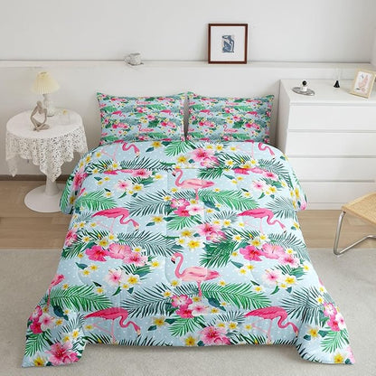 Manfei Pink Flamingo Kids Comforter Set Twin Size,Palm Leaves Flowers Rustic Bedding Set,Boys Girls Adults Room Decor,Tropical Plants Animals Dots Down Comforter,Blue Dreamy Duvet Insert,1 Pillowcase