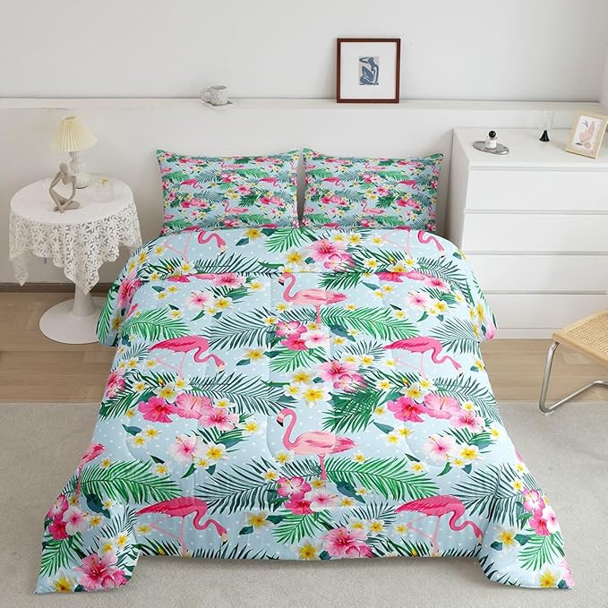 Pink Flamingo Kids Comforter Set King Size,Palm Leaves Flowers Rustic Bedding Set,Boys Girls Adults Room Decor,Tropical Plants Animals Dots Down Comforter,Blue Dreamy Duvet Insert,2 Pillowcases