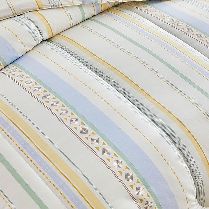 Joyreap 3pcs Cotton Comforter Set Twin, Stripes Boho Blue Yellow Beige Design, Soft Cozy Lightweight Bedding Comforter Set for All Seasons- 68x88 inches
