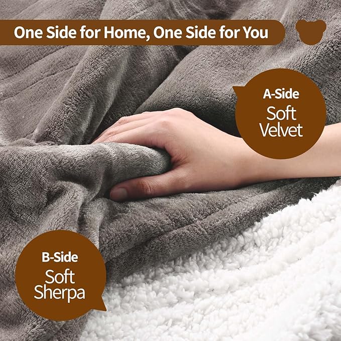 Bearhug Electric Heated Blanket Heating Blanket Queen Size 84"x 90" Warm Throw Gift Dual Controllers Velvet & Sherpa, 10 Levels & 0.5-12H Auto Off, Over-Heat Protect, ETL, Machine Washable