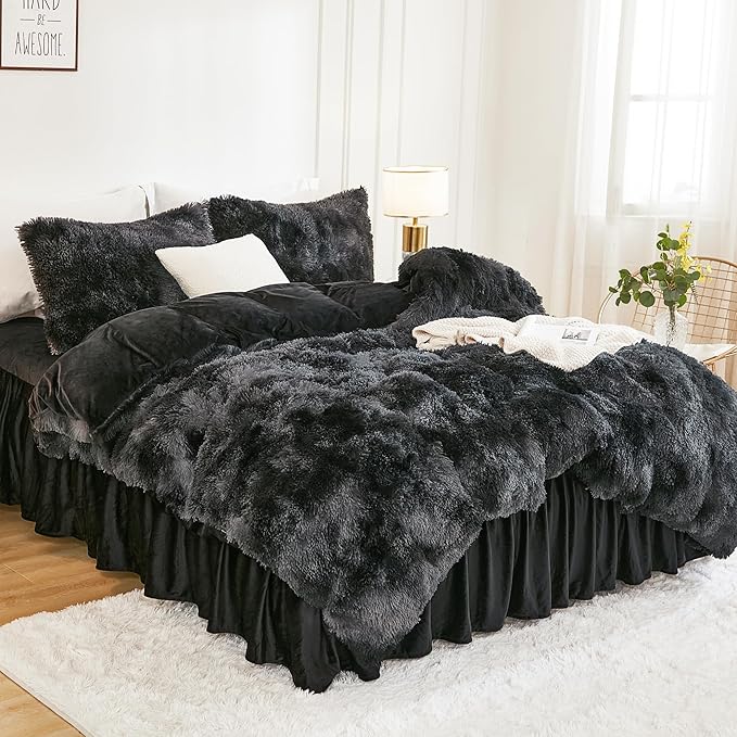 Andency Faux Fur Tie-Dyed Black Grey Comforter for Queen Size Bed, 3 Pieces Fluffy Fuzzy Plush Bedding Set (1 Shaggy Velvet Comforter & 2 Pillowcases), Soft Puffy Down Bedding Set
