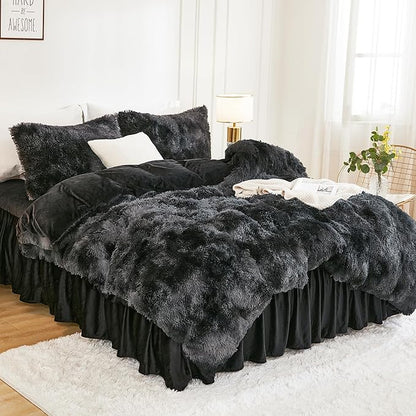 Andency Tie-Dyed Black Grey Comforter King Size, 3 Pieces Fluffy Faux Fur Warm Soft Fuzzy Plush Bedding Comforter Set, Thick Heavy Puffy Comfy Bedding Sets