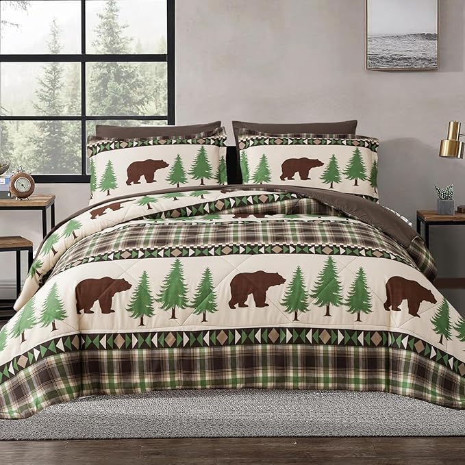 Comforter Set King Size Rustic Bear Comforter Bedding-7 Piece Bed in a Bag, Soft Fluffy Reversible Microfiber Bedding Set(1 Comforter,1 Flat Sheet,1 Fitted Sheet,2 Pillowcases,2 Pillow Shams),Green