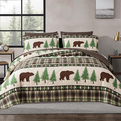Comforter Set King Size Rustic Bear Comforter Bedding-7 Piece Bed in a Bag, Soft Fluffy Reversible Microfiber Bedding Set(1 Comforter,1 Flat Sheet,1 Fitted Sheet,2 Pillowcases,2 Pillow Shams),Green
