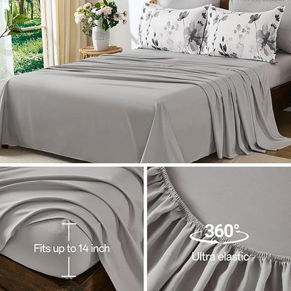 Anibedding 8Pieces Queen Comforter Set, Grey Watercolor Floral Queen Size Bed in a Bag Comforter Set with Pillowcase, Sheets for All Season