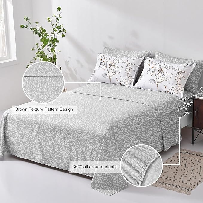 Grey 7 Pieces Grey Floral Comforter Set King, Botanical Bed in a Bag Reversible Golden Leaves Bedding Set Soft Microfiber King (1 Comforter,2 Pillowcase,2 Pillow Shames,1 Flat Sheet,1 Fitted Sheet)
