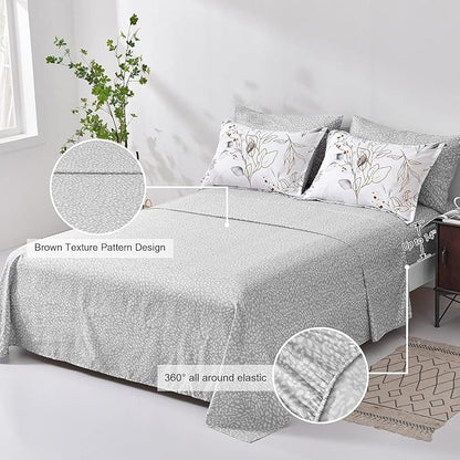 WONGS BEDDING 7 Pieces Botanical Comforter Set Full, Floral Reversible Bed in a Bag Grey Golden Leaves Bedding Set (1 Comforter,2 Pillowcase,2 Pillow Shams,1 Flat Sheet,1 Fitted Sheet)
