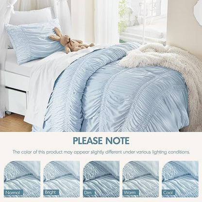 Intelligent Design Ruched Shabby Chic Comforters for Twin Size Bed, All Season Lightweight Comforter Twin, French Country Bedding Set, Sham, Ella, Twin/Twin XL, Blue, 2 Piece