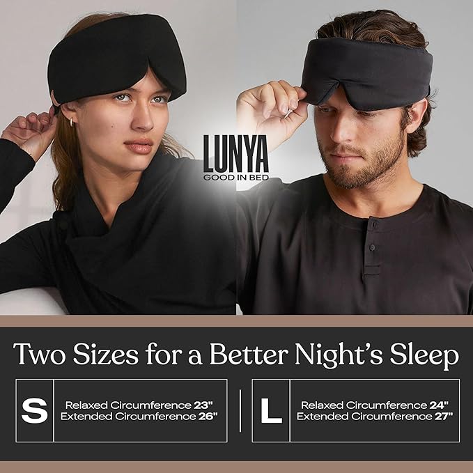 Lunya Washable Silk Sleeping Mask - Thermoregulating Mulberry Silk, Light Blocking and Comfortable Fit – Sleep Mask for Women and Men with Box - Immersed Black - Large