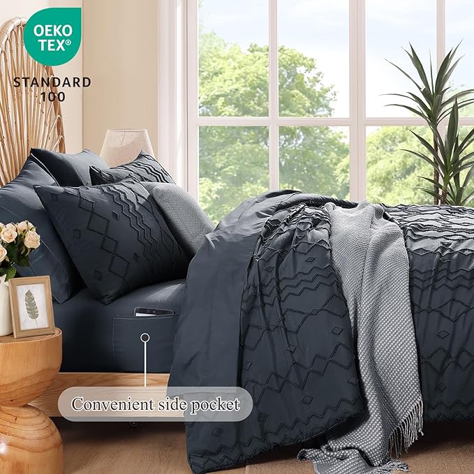 Full Size Comforter Set Navy Blue, Tufted Boho Bedding Farmhouse Bed Set, All Season 7 Pieces Bed in a Bag with Sheets, Pillowcases & Shams