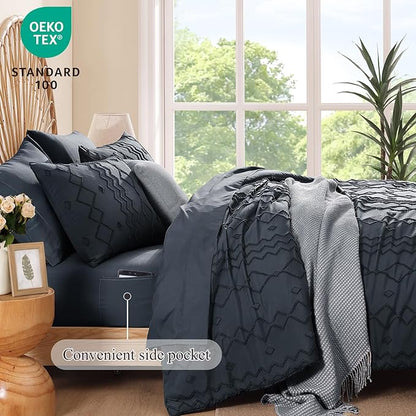 King Size Comforter Set Navy Blue, Tufted Boho Bedding Farmhouse Bed Set, All Season 7 Pieces Bed in a Bag with Sheets, Pillowcases & Shams