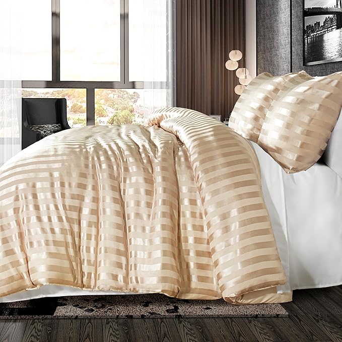 Whale Flotilla 2-Piece Reversible Silky Soft Twin Size Comforter Set, Luxury Stripe Satin Comforter Bedding Set with Satin Pillowcase, Lightweight Duvet for All Seasons, Champagne