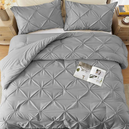UNIKOME Queen Comforter Set Gray/Light Gray - Ultra Soft Boho Pintuck Down Alternative Bedding Set for All Seasons, 3 Pieces Lightweight Warm Pinch Pleat Bed Set with Comforter, 2 Pillowcases