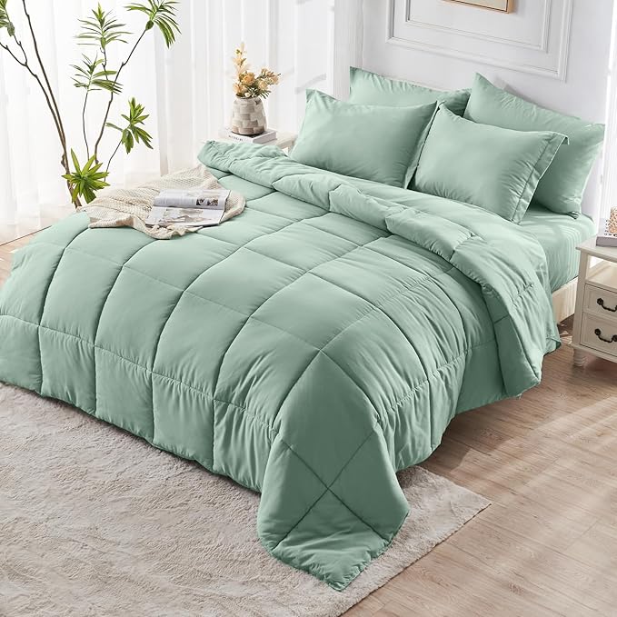 JOLLYVOGUE Queen Comforter Set, Ultra-Soft Bed in a Bag Queen Size 7 Pieces, Oeko-TEX Certified Bedding Set with Down Alternative Comforter, Sheets, Pillowcases & Shams, Sage Green