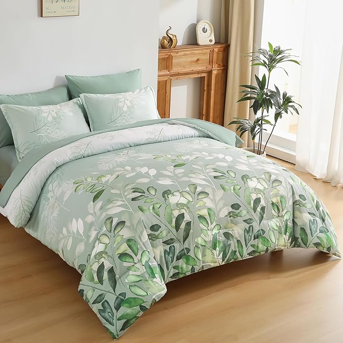Anibedding Sage Green Queen Comforter Set, 7 Piece Botanical Gradient Leaves Ultra Soft Microfiber Down Alternative Bedding Set with Sheets and Bedroom for All Season