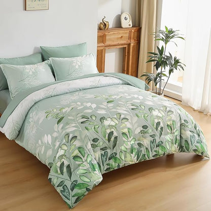 Anibedding Sage Green Queen Comforter Set, 7 Piece Botanical Gradient Leaves Ultra Soft Microfiber Down Alternative Bedding Set with Sheets and Bedroom for All Season