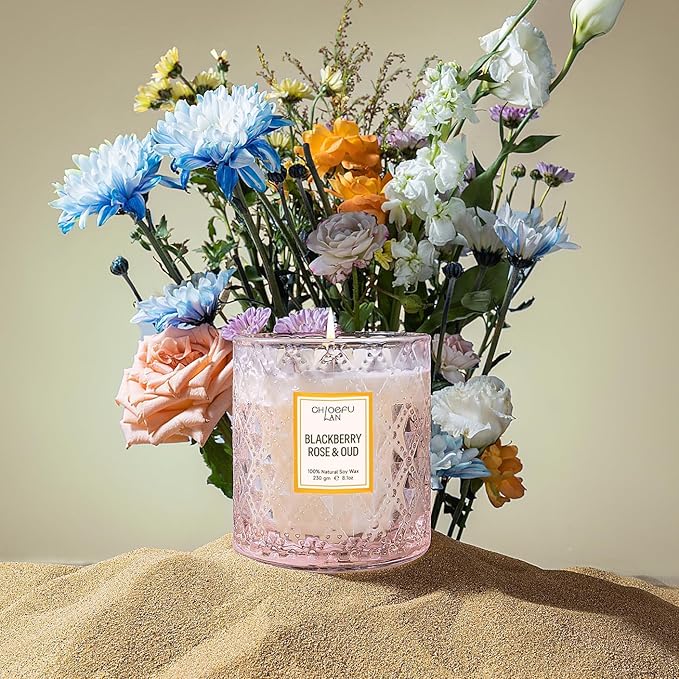 Chloefu LAN Rose Scented Candle, Oud Candle, Mothers Day Candles Gifts for Women, Pink Candles for Home Scented, 55 Hours Long Burning, 100% Natural Soy Wax
