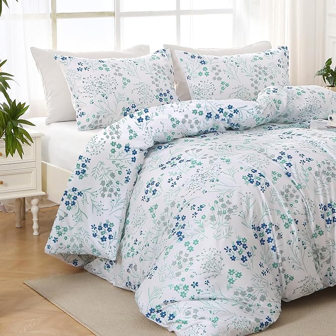 MUXHOMO Blue Flower Bed in a Bag Queen 7 Pieces, Queen Comforter Set Reversible Botanical Flowers Design, Ultra Soft & Breathable Bedding Sets with Comforter, Sheets, Pillowcases & Shams
