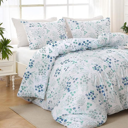 MUXHOMO Blue Flower Bed in a Bag Queen 7 Pieces, Queen Comforter Set Reversible Botanical Flowers Design, Ultra Soft & Breathable Bedding Sets with Comforter, Sheets, Pillowcases & Shams