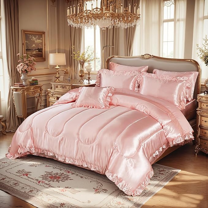 Satin Comforter Set with Sheet Set King 8 Pieces Silk Like Pink Bedding Set Silky Ruffle Pattern Luxury Silky Comforters with 1 Cushion Cover