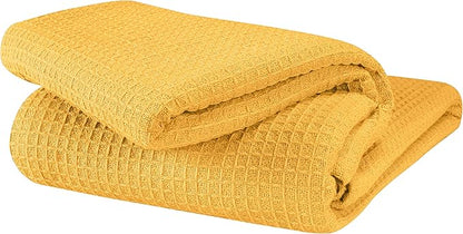 GLAMBURG 100% Cotton Thermal Bed Blanket, Breathable Waffle Blanket, Queen Size, All Season, Mustard Yellow