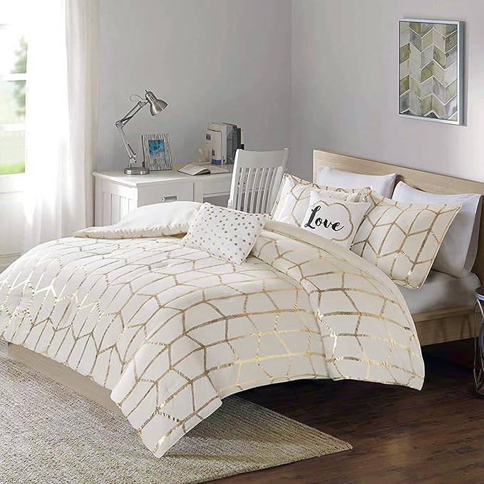 Intelligent Design Raina King/Cal King Comforter Set, Soft Microfiber, Modern Geometric Metallic Bed Set, 5 Pieces College Bedding with 2 Shams, 2 Toss Pillows Ivory/Gold
