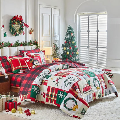 Christmas Patchwork Bed in a Bag 6 Pcs Twin Size, Colorful Festival Pattern Plaid Bedding Comforter Set Warm for Winter(1 Comforter, 1 Flat Sheet, 1 Fitted Sheet, 2 Pillow Shams, 1 Pillowcase)