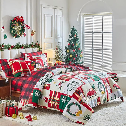 Christmas Patchwork Bed in a Bag 6 Pcs Twin Size, Colorful Festival Pattern Plaid Bedding Comforter Set Warm for Winter(1 Comforter, 1 Flat Sheet, 1 Fitted Sheet, 2 Pillow Shams, 1 Pillowcase)