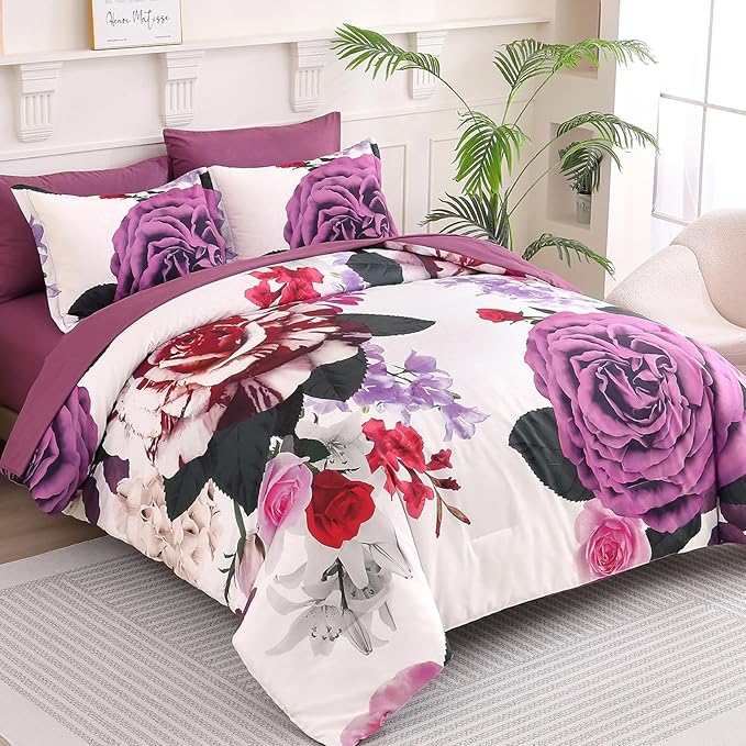 Drucon Purple Floral Comforter King Size 7 Pieces Bedding Sets Bed in a Bag, Botanical Floral Comforter with Sheet Set, Soft Microfiber Bedding Set for All Season(Purple, 104"x90")