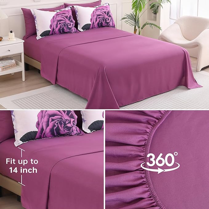 Drucon Purple Floral Comforter Queen Size 7 Pieces Bedding Sets Bed in a Bag, Botanical Floral Comforter with Sheet Set, Soft Microfiber Bedding Set for All Season(Purple, 90"x90")