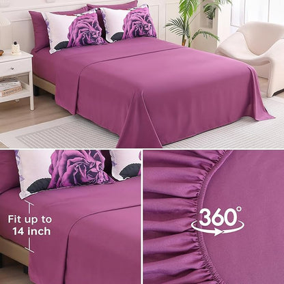 Drucon Purple Floral Comforter Queen Size 7 Pieces Bedding Sets Bed in a Bag, Botanical Floral Comforter with Sheet Set, Soft Microfiber Bedding Set for All Season(Purple, 90"x90")