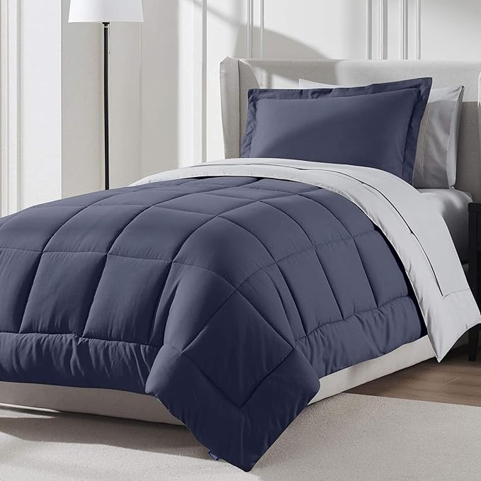 Nestl 5 Piece Twin XL Comforter Set – Navy Reversible Bed in a Bag – Complete Twin XL Size Bedding Set with Sheets, Pillowcase and Sham